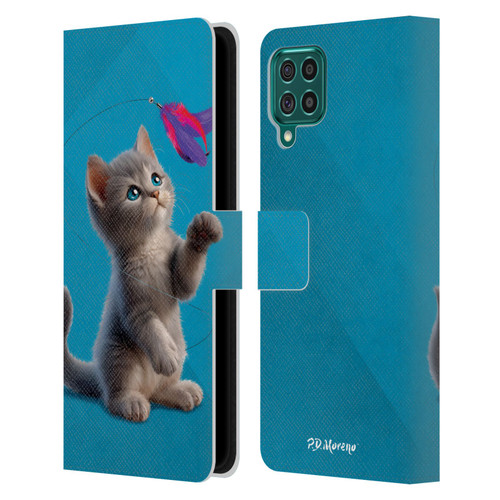 P.D. Moreno Play Cat Artwork Toy Feather Leather Book Wallet Case Cover For Samsung Galaxy F62 (2021)