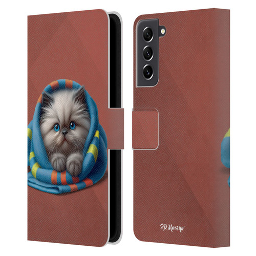 P.D. Moreno Play Cat Artwork Blue Towel Leather Book Wallet Case Cover For Samsung Galaxy S21 FE 5G