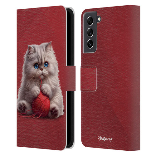 P.D. Moreno Play Cat Artwork Red Yarn Leather Book Wallet Case Cover For Samsung Galaxy S21 FE 5G