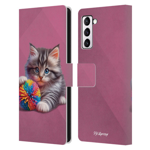 P.D. Moreno Play Cat Artwork Spikey Ball Leather Book Wallet Case Cover For Samsung Galaxy S21+ 5G