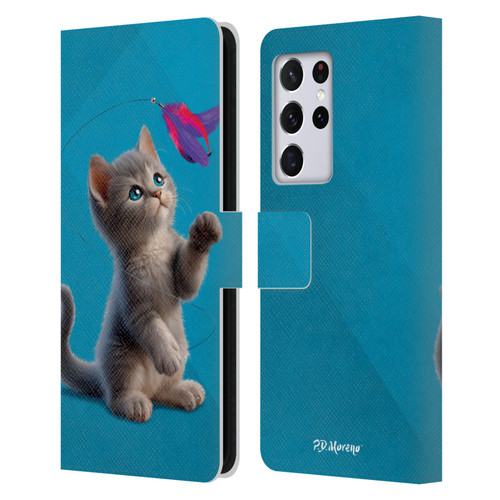 P.D. Moreno Play Cat Artwork Toy Feather Leather Book Wallet Case Cover For Samsung Galaxy S21 Ultra 5G