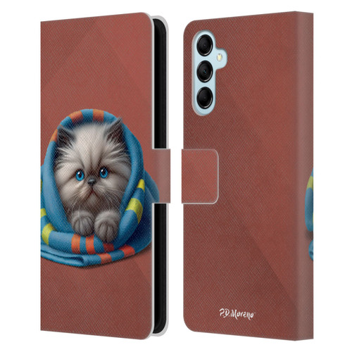P.D. Moreno Play Cat Artwork Blue Towel Leather Book Wallet Case Cover For Samsung Galaxy M14 5G