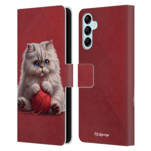 P.D. Moreno Play Cat Artwork Red Yarn Leather Book Wallet Case Cover For Samsung Galaxy M14 5G