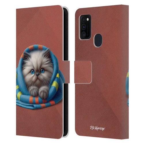 P.D. Moreno Play Cat Artwork Blue Towel Leather Book Wallet Case Cover For Samsung Galaxy M30s (2019)/M21 (2020)