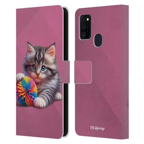 P.D. Moreno Play Cat Artwork Spikey Ball Leather Book Wallet Case Cover For Samsung Galaxy M30s (2019)/M21 (2020)
