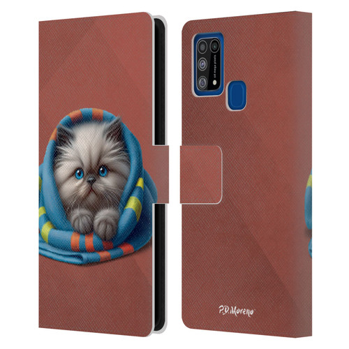 P.D. Moreno Play Cat Artwork Blue Towel Leather Book Wallet Case Cover For Samsung Galaxy M31 (2020)