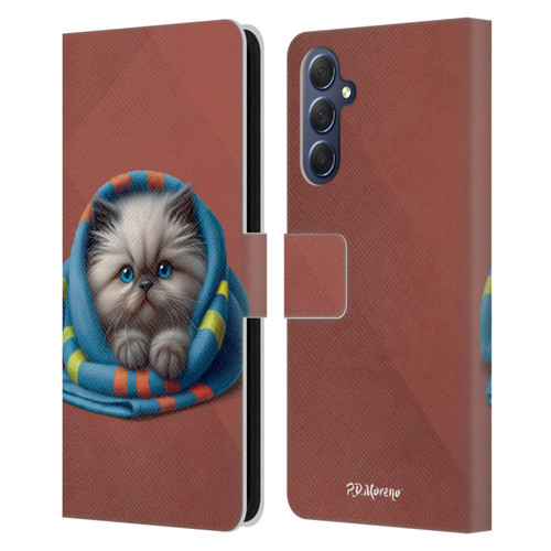 P.D. Moreno Play Cat Artwork Blue Towel Leather Book Wallet Case Cover For Samsung Galaxy M54 5G