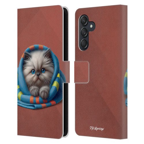 P.D. Moreno Play Cat Artwork Blue Towel Leather Book Wallet Case Cover For Samsung Galaxy M55 5G