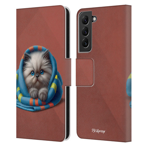 P.D. Moreno Play Cat Artwork Blue Towel Leather Book Wallet Case Cover For Samsung Galaxy S22+ 5G