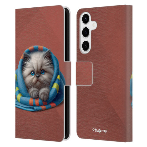 P.D. Moreno Play Cat Artwork Blue Towel Leather Book Wallet Case Cover For Samsung Galaxy S24+ 5G