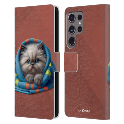 P.D. Moreno Play Cat Artwork Blue Towel Leather Book Wallet Case Cover For Samsung Galaxy S24 Ultra 5G