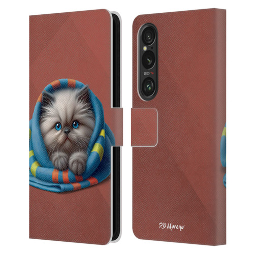 P.D. Moreno Play Cat Artwork Blue Towel Leather Book Wallet Case Cover For Sony Xperia 1 VI 5G