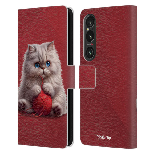 P.D. Moreno Play Cat Artwork Red Yarn Leather Book Wallet Case Cover For Sony Xperia 1 VI 5G