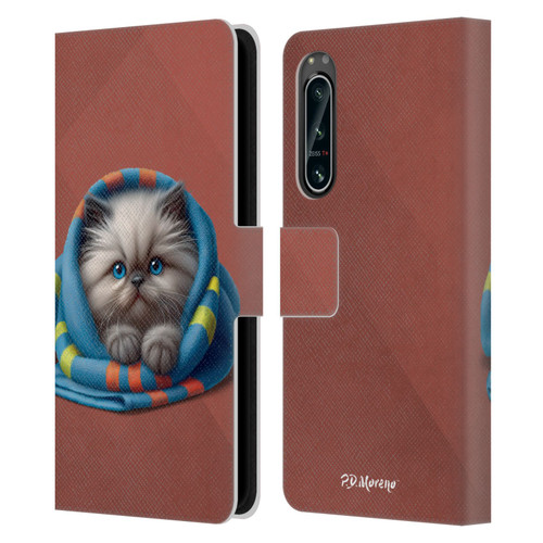 P.D. Moreno Play Cat Artwork Blue Towel Leather Book Wallet Case Cover For Sony Xperia 5 IV
