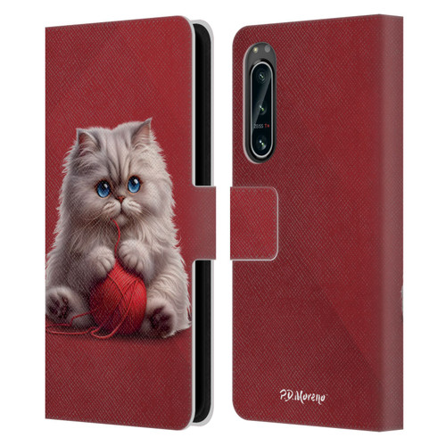 P.D. Moreno Play Cat Artwork Red Yarn Leather Book Wallet Case Cover For Sony Xperia 5 IV