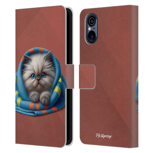 P.D. Moreno Play Cat Artwork Blue Towel Leather Book Wallet Case Cover For Sony Xperia 5 V 5G