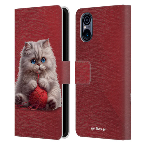 P.D. Moreno Play Cat Artwork Red Yarn Leather Book Wallet Case Cover For Sony Xperia 5 V 5G