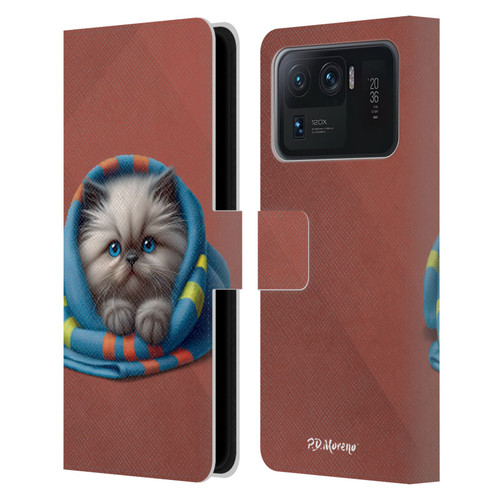 P.D. Moreno Play Cat Artwork Blue Towel Leather Book Wallet Case Cover For Xiaomi Mi 11 Ultra