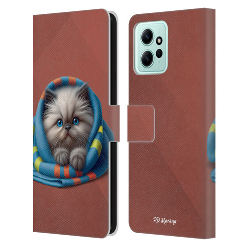 P.D. Moreno Play Cat Artwork Blue Towel Leather Book Wallet Case Cover For Xiaomi Redmi 12