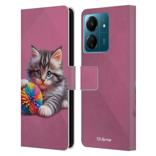 P.D. Moreno Play Cat Artwork Spikey Ball Leather Book Wallet Case Cover For Xiaomi Redmi 13C 4G