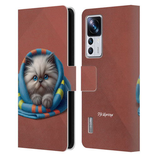P.D. Moreno Play Cat Artwork Blue Towel Leather Book Wallet Case Cover For Xiaomi 12T Pro