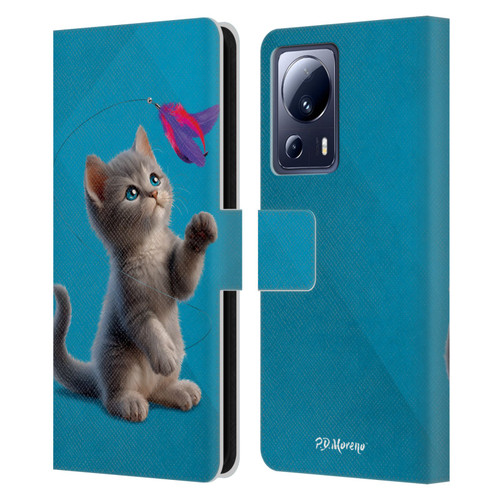 P.D. Moreno Play Cat Artwork Toy Feather Leather Book Wallet Case Cover For Xiaomi 13 Lite 5G