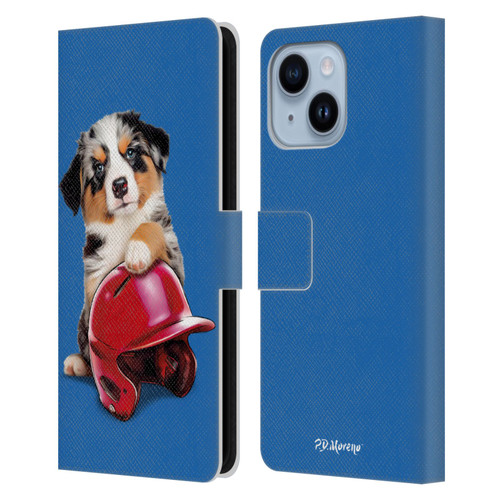 P.D. Moreno Sport Puppies Australian Shepherd Helmet Leather Book Wallet Case Cover For Apple iPhone 14 Plus