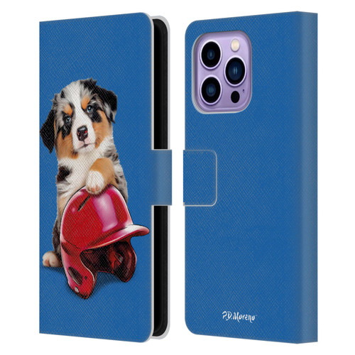 P.D. Moreno Sport Puppies Australian Shepherd Helmet Leather Book Wallet Case Cover For Apple iPhone 14 Pro Max
