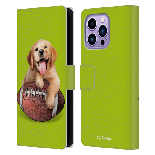 P.D. Moreno Sport Puppies Golden Retriever Football Leather Book Wallet Case Cover For Apple iPhone 14 Pro Max