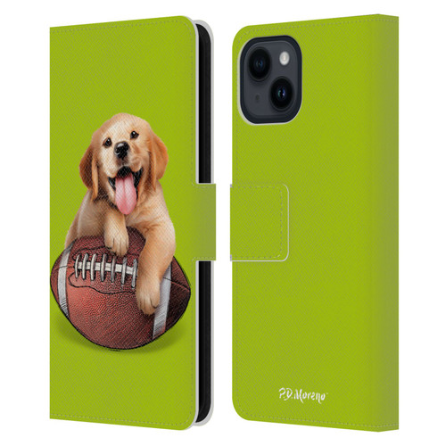 P.D. Moreno Sport Puppies Golden Retriever Football Leather Book Wallet Case Cover For Apple iPhone 15