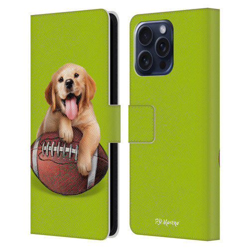 P.D. Moreno Sport Puppies Golden Retriever Football Leather Book Wallet Case Cover For Apple iPhone 16 Pro Max