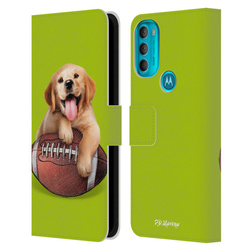 P.D. Moreno Sport Puppies Golden Retriever Football Leather Book Wallet Case Cover For Motorola Moto G71 5G