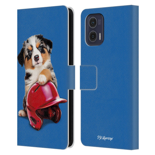 P.D. Moreno Sport Puppies Australian Shepherd Helmet Leather Book Wallet Case Cover For Motorola Moto G73 5G