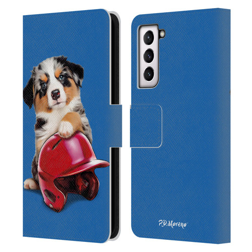 P.D. Moreno Sport Puppies Australian Shepherd Helmet Leather Book Wallet Case Cover For Samsung Galaxy S21 5G