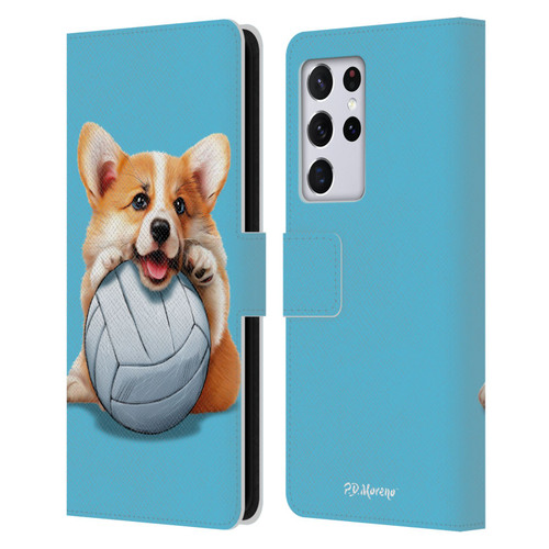 P.D. Moreno Sport Puppies Corgi Volleyball Leather Book Wallet Case Cover For Samsung Galaxy S21 Ultra 5G