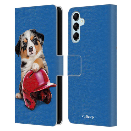 P.D. Moreno Sport Puppies Australian Shepherd Helmet Leather Book Wallet Case Cover For Samsung Galaxy M14 5G