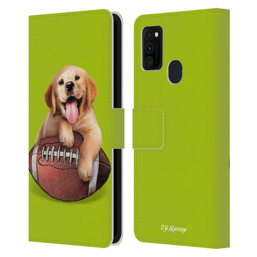 P.D. Moreno Sport Puppies Golden Retriever Football Leather Book Wallet Case Cover For Samsung Galaxy M30s (2019)/M21 (2020)