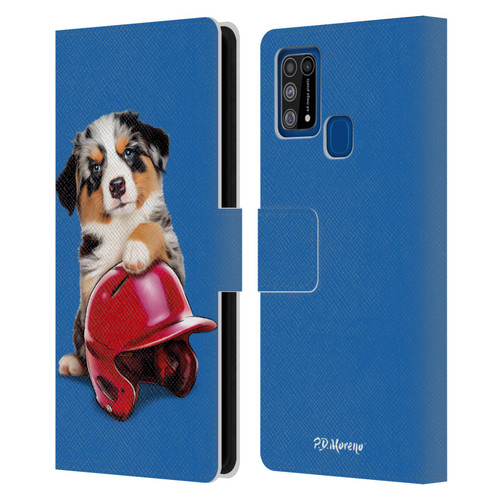 P.D. Moreno Sport Puppies Australian Shepherd Helmet Leather Book Wallet Case Cover For Samsung Galaxy M31 (2020)