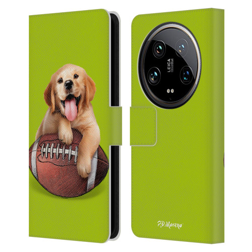 P.D. Moreno Sport Puppies Golden Retriever Football Leather Book Wallet Case Cover For Xiaomi 14 Ultra