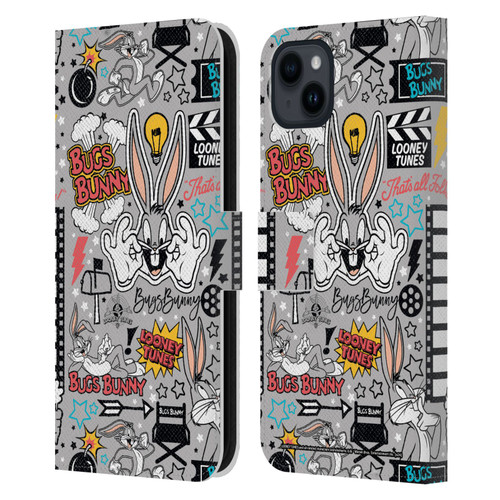 Looney Tunes Graphics and Characters Bugs Bunny Leather Book Wallet Case Cover For Apple iPhone 15 Plus