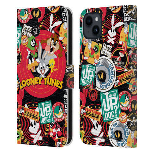 Looney Tunes Graphics and Characters Sticker Collage Leather Book Wallet Case Cover For Apple iPhone 15 Plus