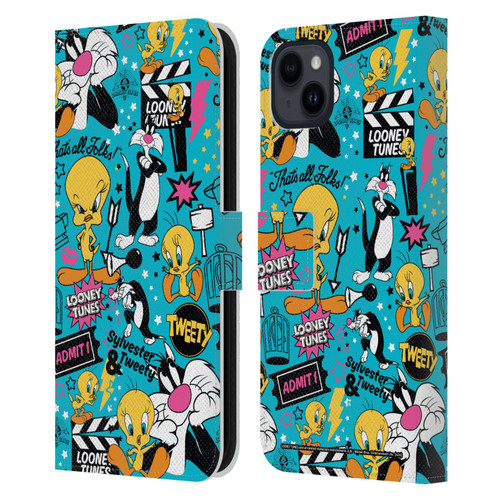 Looney Tunes Graphics and Characters Tweety And Sylvester Leather Book Wallet Case Cover For Apple iPhone 15 Plus
