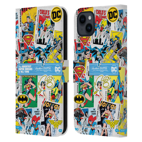 Justice League DC Comics 90th Anniversary Sticker Collage Leather Book Wallet Case Cover For Apple iPhone 15 Plus