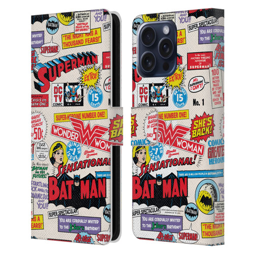 Justice League DC Comics 90th Anniversary Logo Pattern Leather Book Wallet Case Cover For Apple iPhone 16 Pro Max