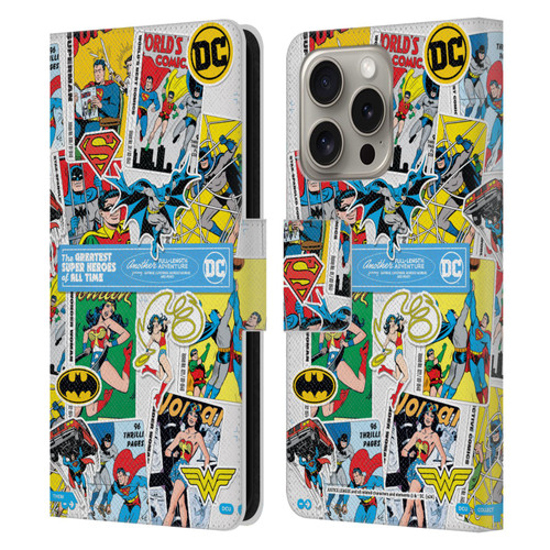 Justice League DC Comics 90th Anniversary Sticker Collage Leather Book Wallet Case Cover For Apple iPhone 16 Pro