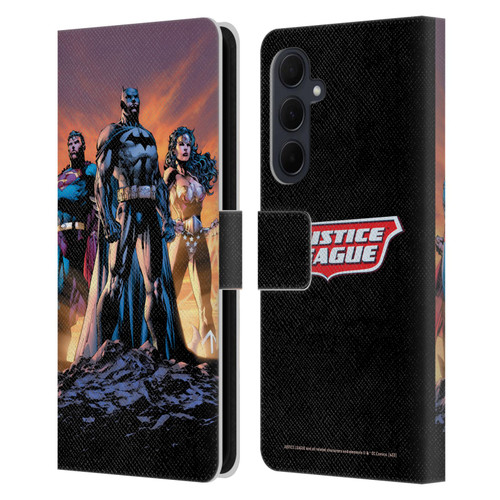 Justice League DC Comics Comic Book Covers Icons Trinity Leather Book Wallet Case Cover For Samsung Galaxy A35 5G