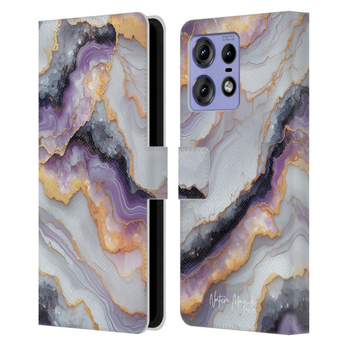 Nature Magick Plum Marble Limpid Leather Book Wallet Case Cover For Motorola Edge 50 Pro