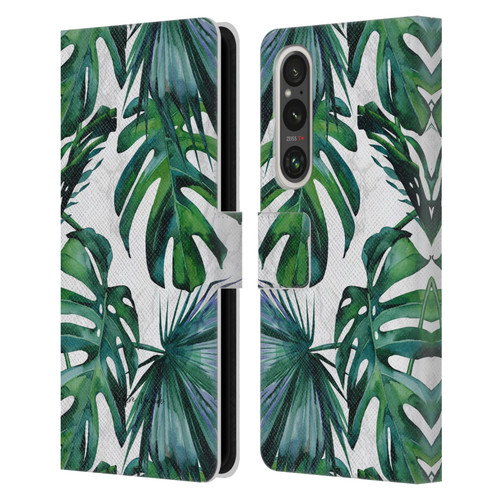 Nature Magick Tropical Palm Leaves On Marble Green Tropics Leather Book Wallet Case Cover For Sony Xperia 1 V 5G