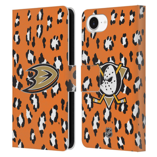 NHL Anaheim Ducks Leopard Patten Leather Book Wallet Case Cover For Apple iPhone 16e