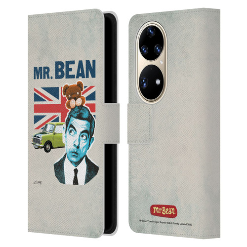 Mr. Bean London Art With Teddy Leather Book Wallet Case Cover For Huawei P50 Pro